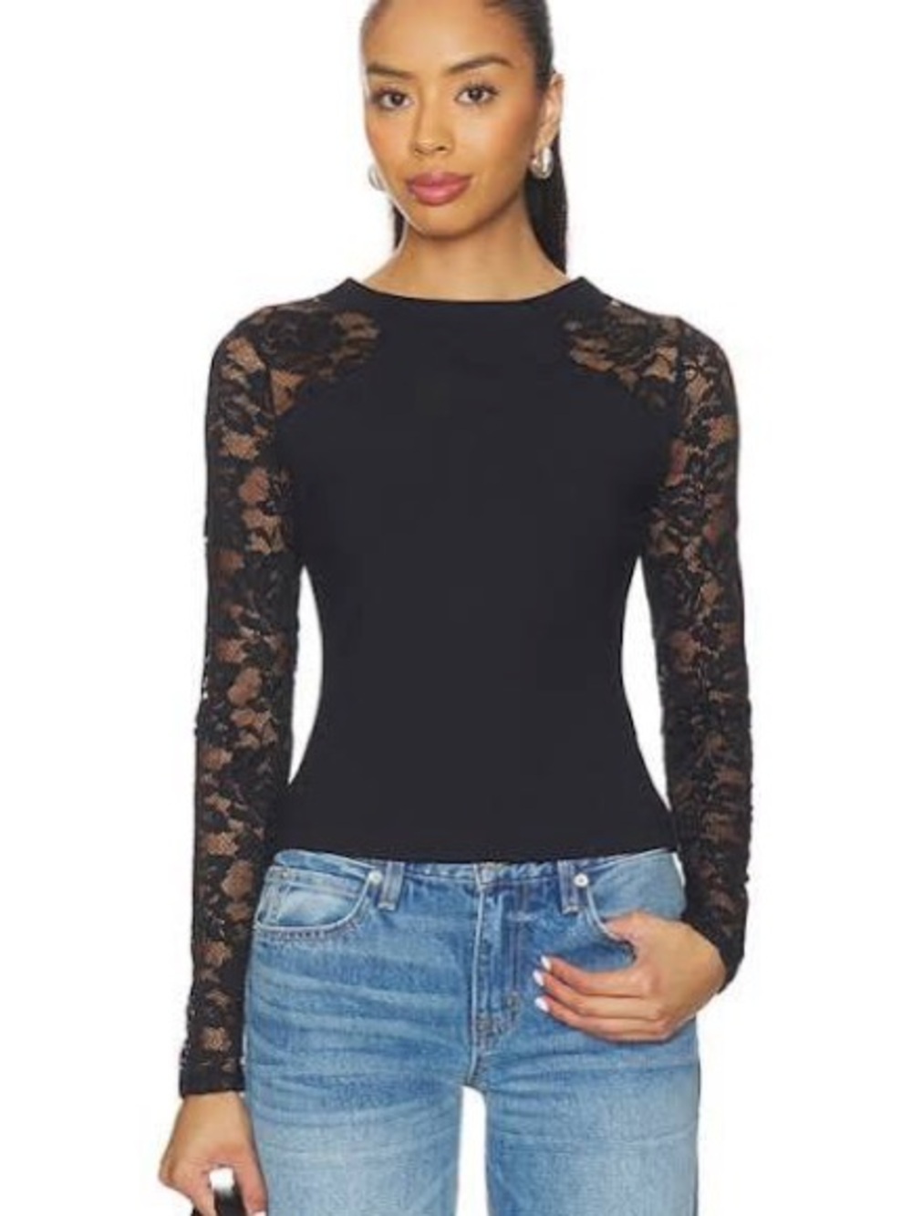 Free People Intimately No Excuses Black Lace Long Sleeve Knit Top Size XS NWT